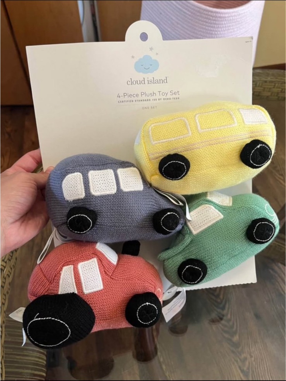cloud island Knit Plush Car Set in Yellow, Gray, Mint, Coral